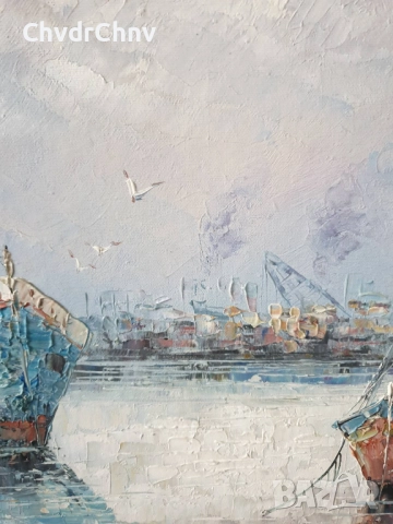 Ashley 74х64см/голяма картина масло върху платно/морски пейзаж/пристанище-рибарски кораби, снимка 4 - Картини - 52548497