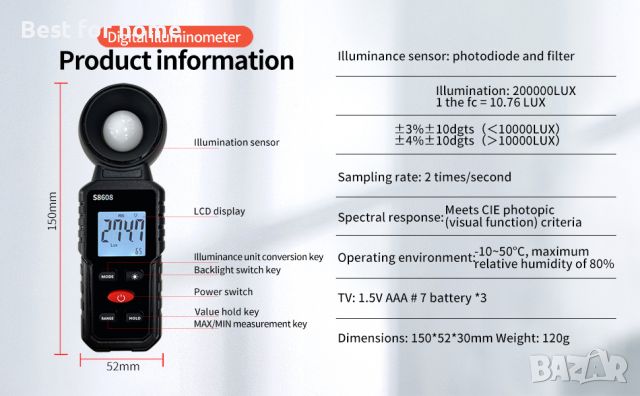 Цифров измервател на осветеността Светломер 20Lux до 200 000Lux, снимка 7 - Други инструменти - 46553093