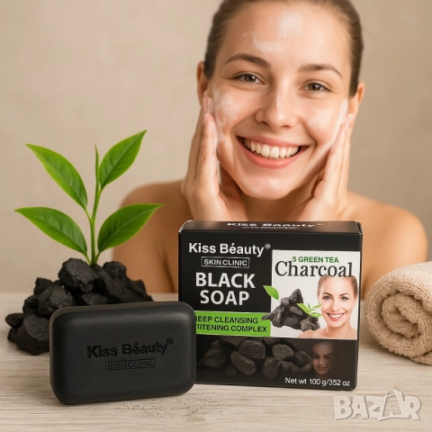 Сапун за лице и тяло с активен въглен и зелен чай – Kiss Beauty Black Soap, снимка 5 - Други - 51948744