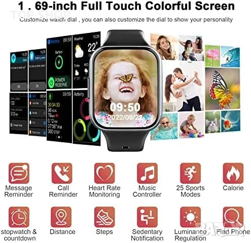 Нов Смарт часовник 1,69 инча Мъже Жени Подарък iOS Android, снимка 4 - Смарт гривни - 49956844