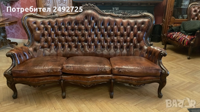 Диван и 2 кресла барок Италия честер естествена кожа, снимка 2 - Дивани и мека мебел - 31358618
