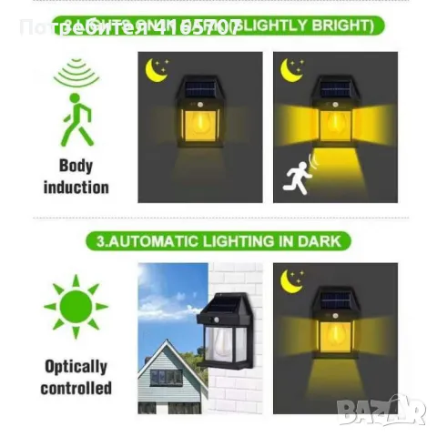 Стенна лампа с 1,2 или 3 LED крушки,сензор за движение и фотоволтаичен, снимка 10 - Лампи за стена - 46989656