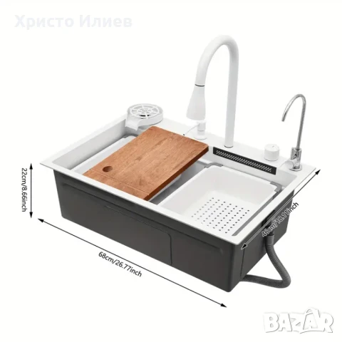 Модерна Кухненска мивка с функция водопад Луксозна Мултифункционална 68 х 46см Бяла, снимка 2 - Мивки - 51196164