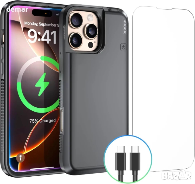 NEWDERY Калъф с батерия за iPhone 15 pro и 16 Pro 6.3” 5000mAh, CarPlay, кабелни слушалки, черен, снимка 1