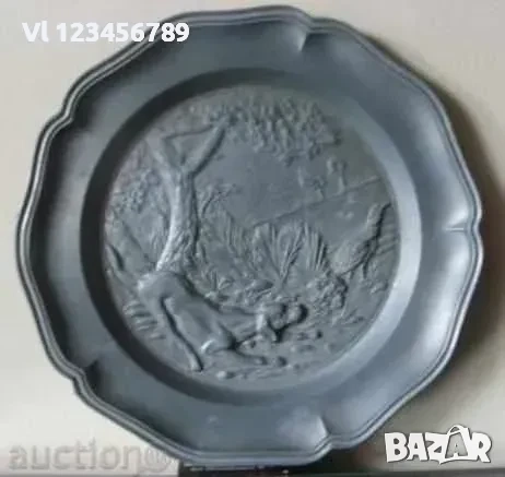 Чиния, калай, декоративна, ЛОВНА СЦЕНА. 190 мм, снимка 1