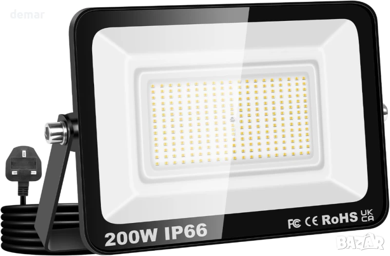 Willpower Външен LED прожектор 200W 20000LM, с щепсел, 3000K топло бяло, снимка 1