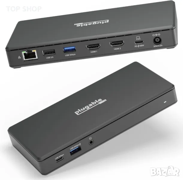 Plugable USB C докинг станция с 2 HDMI порта 4K 60Hz,65W,1xUSB-C,3xUSB, снимка 1