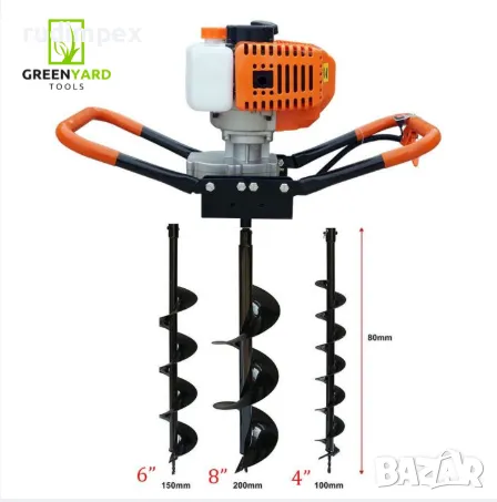 Моторен свредел за дупки GreenYard -52куб.см и 3 бр свредла φ100 mm,φ150 mm,φ200 mm, снимка 1