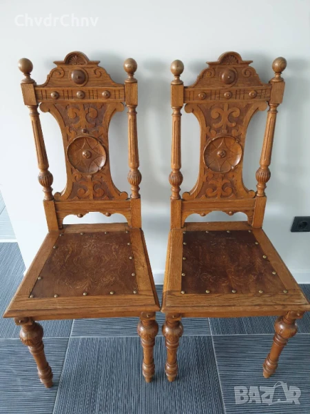 115см дърворезба/2бр чифт стари ретро дървени столове с релефни седалки, снимка 1