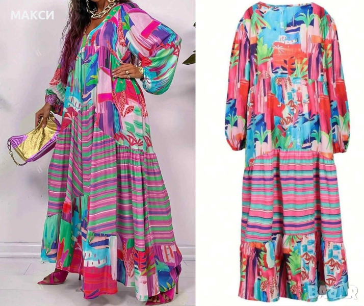Макси модерна прекрасна дълга клоширана рокля с дълги широки ръкави в колоритен атрактивен десен - л, снимка 1