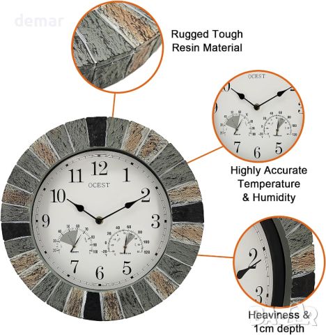 Градински часовник OCEST Външен водоустойчив, 33 см стенен часовник от смола с термометър и влагомер, снимка 7 - Стенни часовници - 45749227