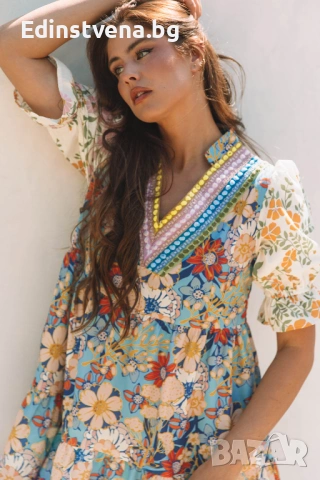 Дамска къса рокля с флорален принт, V-образно деколте и плетени детайли, снимка 7 - Рокли - 53081867