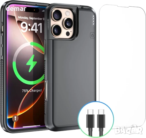 NEWDERY Калъф с батерия за iPhone 15 pro и 16 Pro 6.3” 5000mAh, CarPlay, кабелни слушалки, черен
