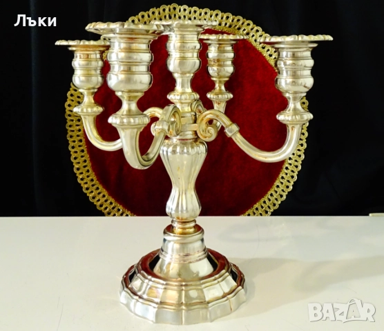 Посребрен свещник петица,1.6 кг.,викториански. , снимка 2 - Антикварни и старинни предмети - 52382080
