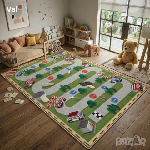 Детски килим за игра 120х160см - Тъмнозелен килим с автописта, противоплъзгащ и миещ се, снимка 4 - Килими - 53932474