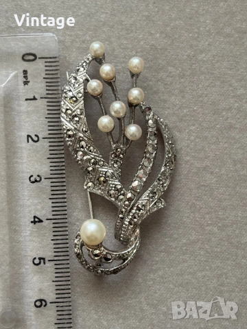 Царствена уникална масивна старинна сребърна брошка с перли и марказити , снимка 7 - Антикварни и старинни предмети - 54223331