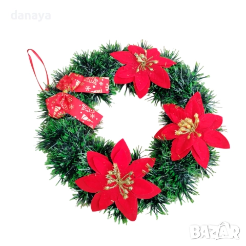 6134 Коледен венец за врата с червени цветя и панделка, 27 см, снимка 2 - Декорация за дома - 51929686