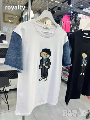 Памучна дамска тениска с ръкав деним , снимка 2 - Тениски - 49713037