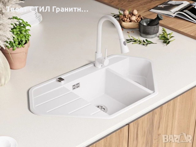 Бяла ъглова кухненска гранитна мивка Копенхаген 900 Corner 900x500 мм, снимка 4 - Мивки - 51892486