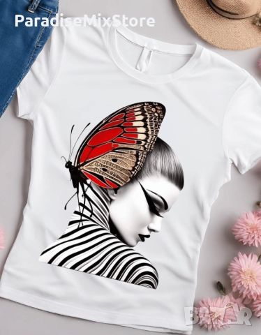 Дамска тениска момиче с пеперуда на главата, снимка 1 - Тениски - 46154444