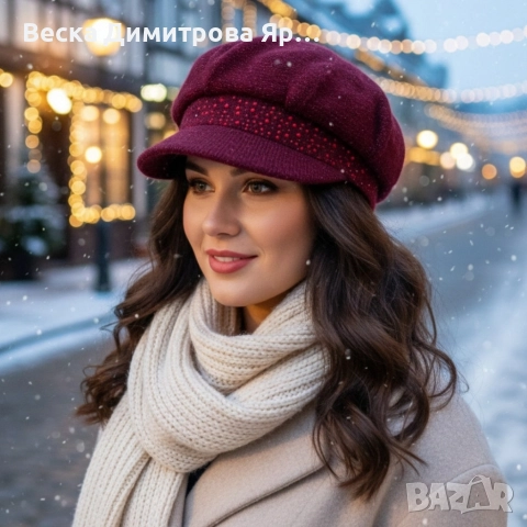 Дамска зимна плетена шапка с козирка и декоративни камъчета, снимка 4 - Шапки - 52665633
