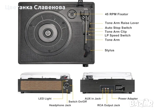 Винилов грамофон с високоговорители, задвижван с ремък, 3 скорости, безжично възпроизвеждане, снимка 7 - Грамофони - 53099728