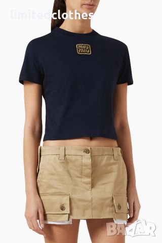 MIU MIU Gold Logo Embroidered Cropped Дамска Тениска size XS и L, снимка 3 - Тениски - 46498561