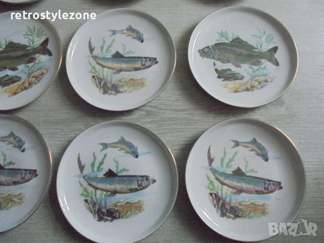 № 8467 Сет от 9 порцеланови чинии с илюстрации на риби  Colditz Germany, снимка 4 - Други ценни предмети - 53220811