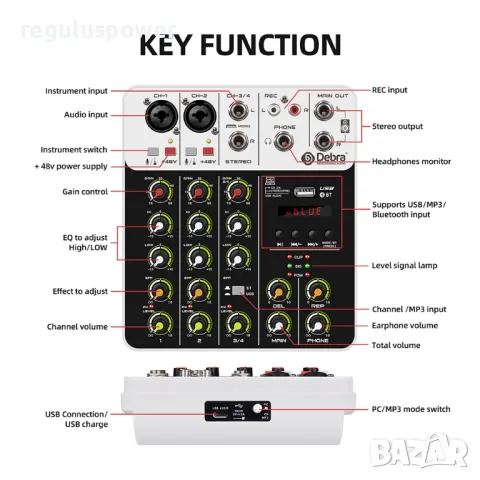 Смесителен пулт, Debra V4, DJ Mixer, Bluetooth, Usb player, Plug and Play , снимка 5 - Ресийвъри, усилватели, смесителни пултове - 49416731
