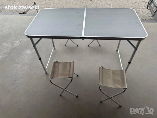Комплект сгъваема къмпинг маса с 4 стола, регулируема височина, дизайн "куфар" в сив цвят, снимка 4 - Други - 54058299