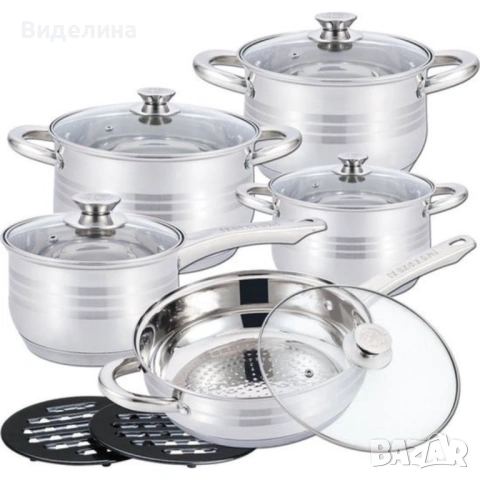 Комплект съдове за готвене 12 части Cheffinger, с индукционно дъно и стъклени капаци – тенджери, кас, снимка 6 - Съдове за готвене - 53172783