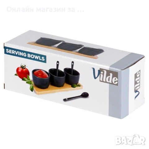 Комплект от 3 керамични купи с лъжици върху бамбуков поднос, 21,5x6,5x5,5 см, черни 139686, снимка 8 - Прибори за хранене, готвене и сервиране - 53230864