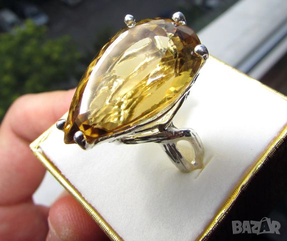 925 сребърен пръстен с цитрин 28 карата, размер 27x18мм, общо тегло 12.6гр., снимка 3 - Пръстени - 46409877