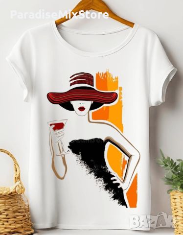Дамска тениска момиче със шапка и чаша, снимка 1 - Тениски - 46154635