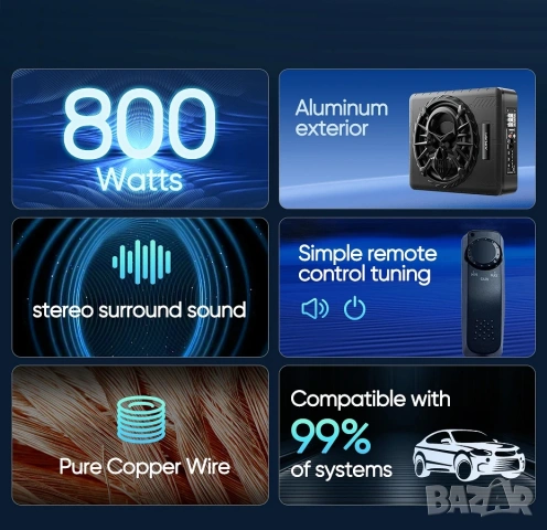 Компактен 10” автомобилен 800W(peak) активен субуфер, снимка 6 - Аксесоари и консумативи - 53449047