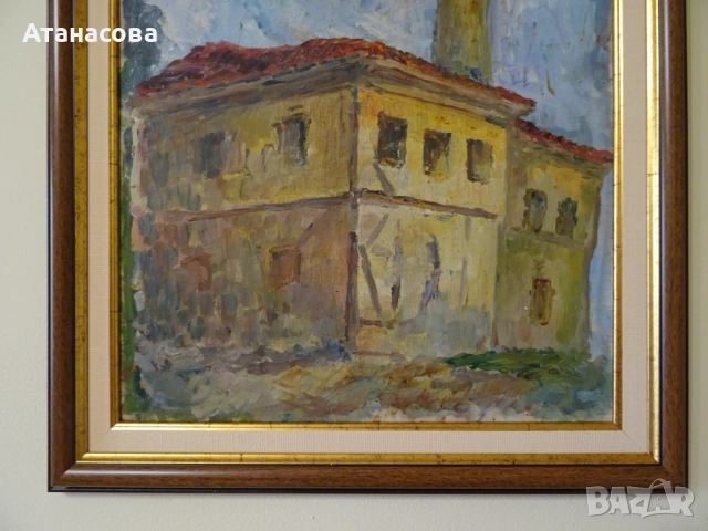 Стара авторска картина "Старата джамия" масло платно 80-те г, снимка 5 - Картини - 53907085