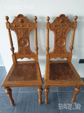 115см дърворезба/2бр чифт стари ретро дървени столове с релефни седалки