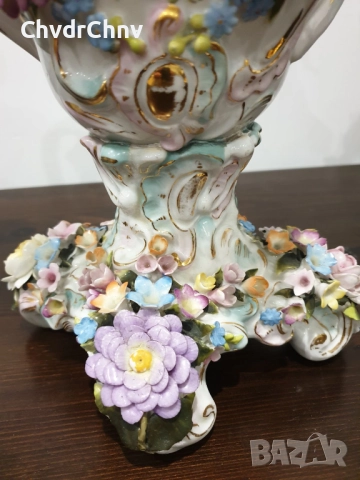 Sitzendorf фигурална ваза с капак 40см/стара Зицендорф порцеланова урна с цветя и ангелче-херувим, снимка 10 - Антикварни и старинни предмети - 52725444