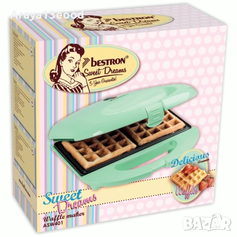 Bestron Sweet Dreams ASW401 Компактен гофретник 700W с незалепващо покритие, зелен, снимка 5 - Гофретници - 53813617