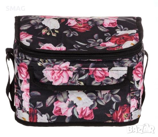 Изотермална чанта правоъгълна черна на цветя с цип 25x18x16см, снимка 3 - Хладилни чанти - 46392777