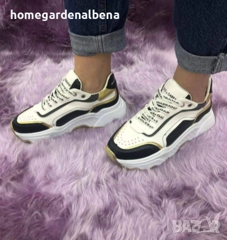 Дамски маратонки с платформа, бяло-черно-злато, еко кожа, размери 36-37