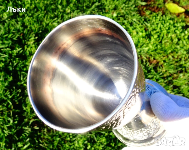 Посребрена чаша за вино,бокал с лози и грозде. , снимка 5 - Антикварни и старинни предмети - 52553515