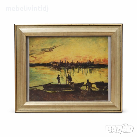 Картина в златиста рамка – пейзаж със залез и лодки