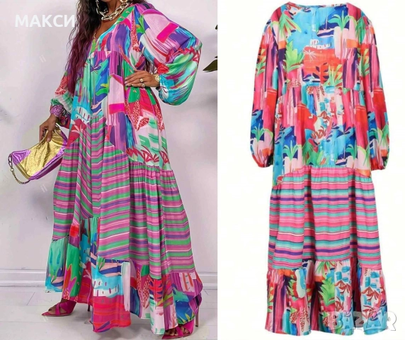 Макси модерна прекрасна дълга клоширана рокля с дълги широки ръкави в колоритен атрактивен десен - л