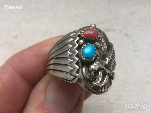стар дизайнерски сребърен пръстен с тюркоаз и корал, снимка 3 - Антикварни и старинни предмети - 53653775