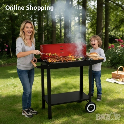 Градинско барбекю на колела, емайлирана стомана, 4 степени + Подарък 3 прибора
