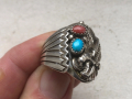 стар дизайнерски сребърен пръстен с тюркоаз и корал, снимка 3