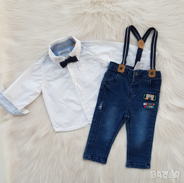 Детски дънки Мики Маус, риза и папионка 9-12 месеца, снимка 1