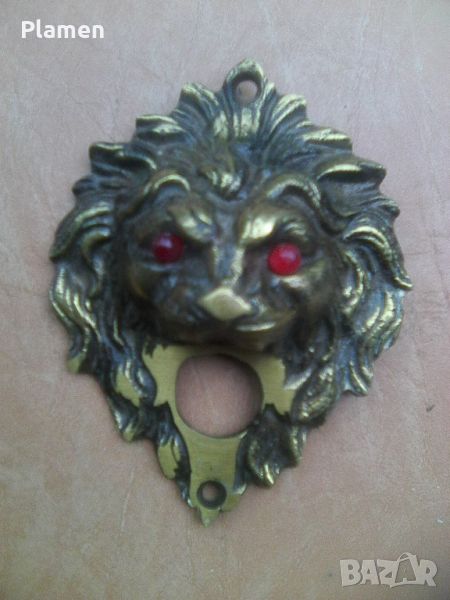 Месингова лъвска глава кнопка за звънец с очи червени светодиоди, снимка 1