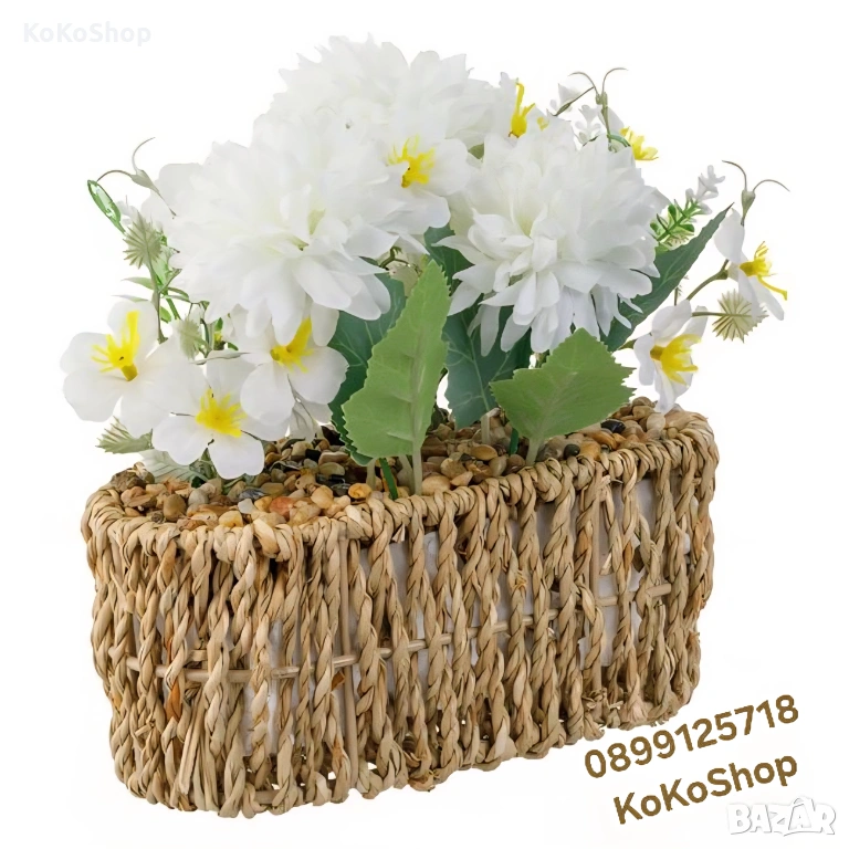 Саксия с бели цветя/кашпа с изкуствени бели цветя, снимка 1